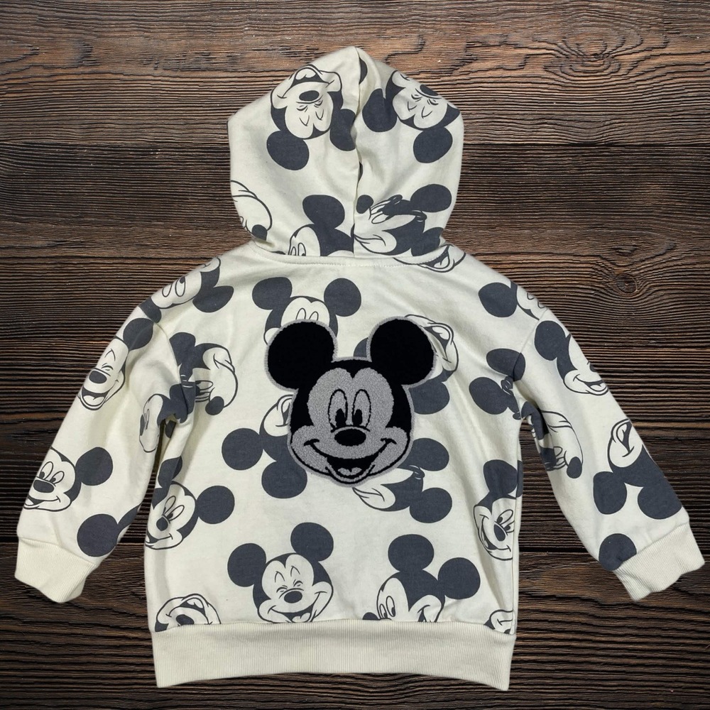 Disney Mickey Mouse Kids 3T Cream Zip Up Hoodie All Over Print Chenille Patch - Picture 2 of 7